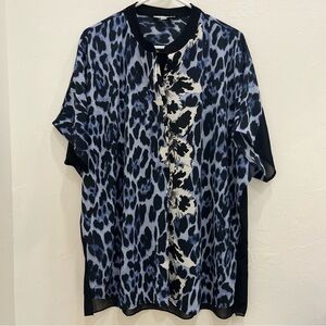 Alberto Makali Women Half Button Blue Multi Animal Print XL  Top Blouse Camisole